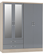 Lisdorat 100-101-075 NEVADA 4 DOOR 2 DRAWER MIRRORED WARDROBE - GREY GLOSS/LIGHT OAK EFFECT VENEER