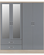 Lisdorat 100-101-075 NEVADA 4 DOOR 2 DRAWER MIRRORED WARDROBE - GREY GLOSS/LIGHT OAK EFFECT VENEER