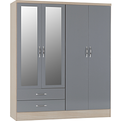 Lisdorat 100-101-075 NEVADA 4 DOOR 2 DRAWER MIRRORED WARDROBE - GREY GLOSS/LIGHT OAK EFFECT VENEER