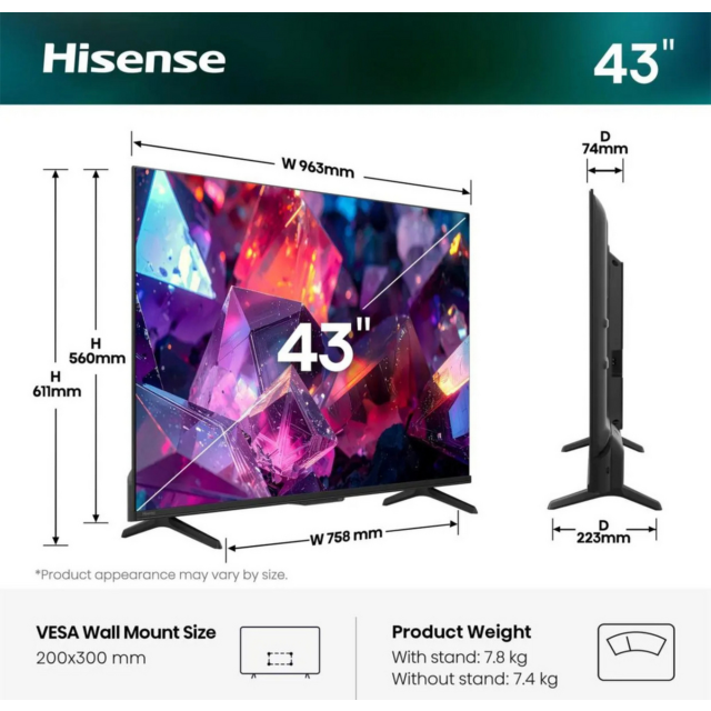 Hisense 43E7STUK PRO 43inch 4K UHD Hi-QLED Smart TV - Black
