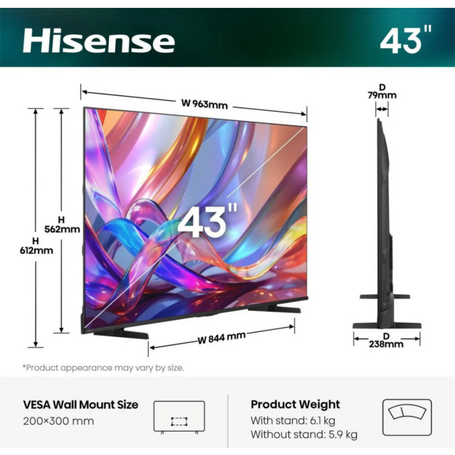 Hisense 43Q7STUK 43inch 4K UHD PRO Hi-QLED Smart TV - Black