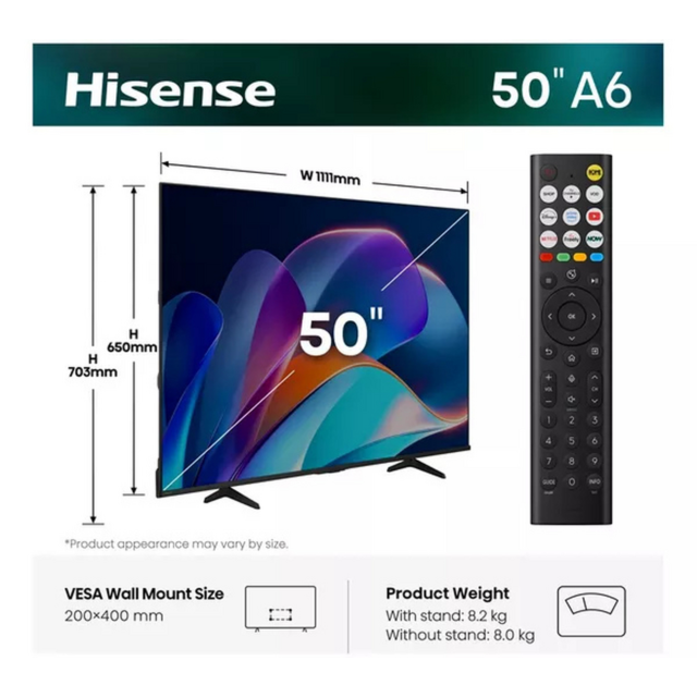 Hisense 50A6STUK 50inch 4K UHD DLED Smart TV - Black  