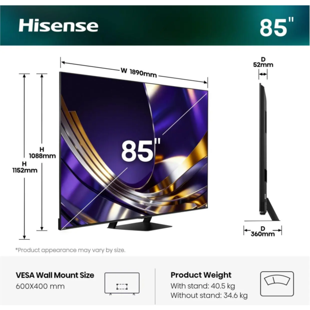 Hisense 85U7STUK PRO 85inch 4K UHD Hi-QLED MiniLED Smart TV - Charcoal Grey