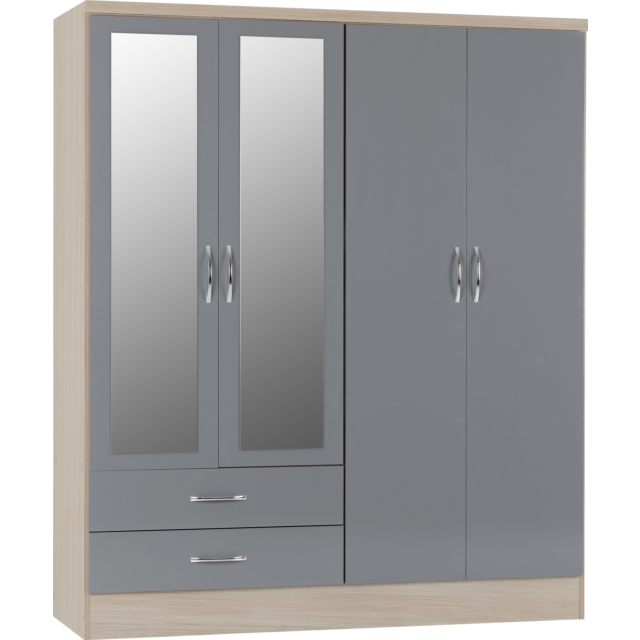 Lisdorat 100-101-075 NEVADA 4 DOOR 2 DRAWER MIRRORED WARDROBE - GREY GLOSS/LIGHT OAK EFFECT VENEER
