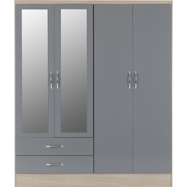 Lisdorat 100-101-075 NEVADA 4 DOOR 2 DRAWER MIRRORED WARDROBE - GREY GLOSS/LIGHT OAK EFFECT VENEER