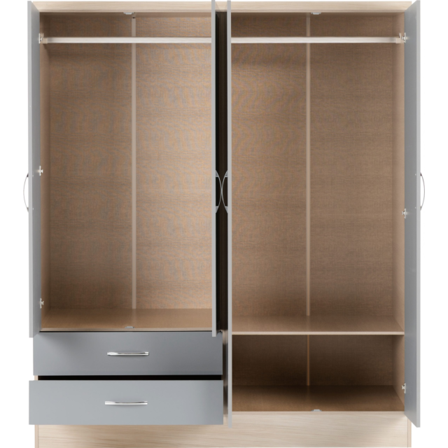 Lisdorat 100-101-075 NEVADA 4 DOOR 2 DRAWER MIRRORED WARDROBE - GREY GLOSS/LIGHT OAK EFFECT VENEER