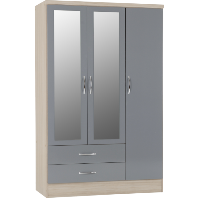 Lisdorat 100-101-077 NEVADA 3 DOOR 2 DRAWER MIRRORED WARDROBE - GREY GLOSS/LIGHT OAK EFFECT VENEER