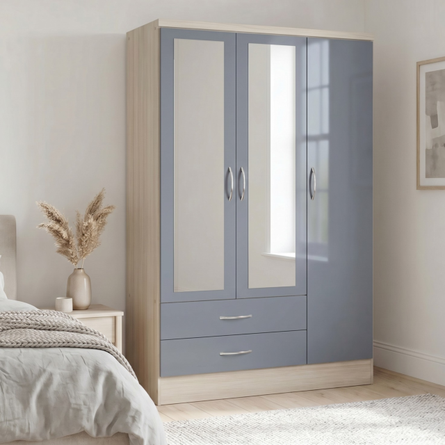 Lisdorat 100-101-077 NEVADA 3 DOOR 2 DRAWER MIRRORED WARDROBE - GREY GLOSS/LIGHT OAK EFFECT VENEER
