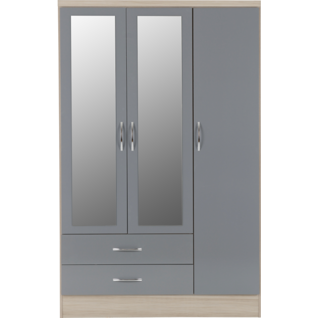 Lisdorat 100-101-077 NEVADA 3 DOOR 2 DRAWER MIRRORED WARDROBE - GREY GLOSS/LIGHT OAK EFFECT VENEER
