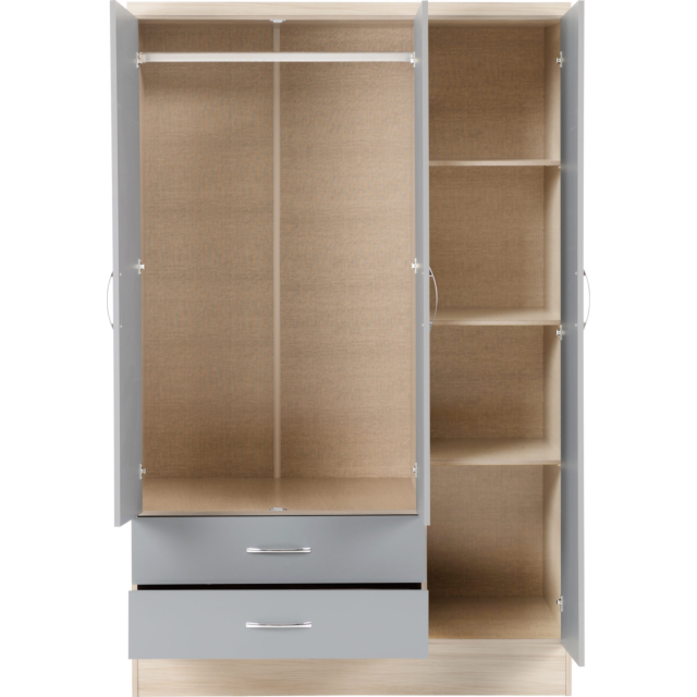 Lisdorat 100-101-077 NEVADA 3 DOOR 2 DRAWER MIRRORED WARDROBE - GREY GLOSS/LIGHT OAK EFFECT VENEER
