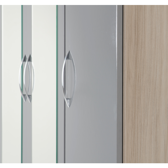 Lisdorat 100-101-077 NEVADA 3 DOOR 2 DRAWER MIRRORED WARDROBE - GREY GLOSS/LIGHT OAK EFFECT VENEER