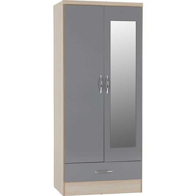Lisdorat 100-101-085 NEVADA MIRRORED 2 DOOR 1 DRAWER WARDROBE - GREY GLOSS/LIGHT OAK EFFECT VENEER