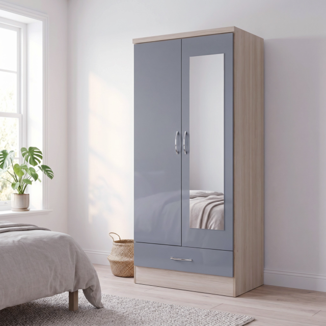 Lisdorat 100-101-085 NEVADA MIRRORED 2 DOOR 1 DRAWER WARDROBE - GREY GLOSS/LIGHT OAK EFFECT VENEER
