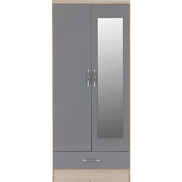 Lisdorat 100-101-085 NEVADA MIRRORED 2 DOOR 1 DRAWER WARDROBE - GREY GLOSS/LIGHT OAK EFFECT VENEER