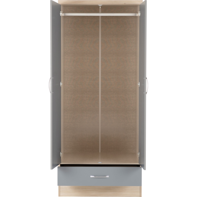 Lisdorat 100-101-085 NEVADA MIRRORED 2 DOOR 1 DRAWER WARDROBE - GREY GLOSS/LIGHT OAK EFFECT VENEER