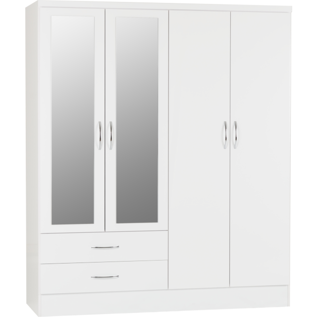Lisdorat 100-101-088 NEVADA 4 DOOR 2 DRAWER MIRRORED WARDROBE - WHITE GLOSS
