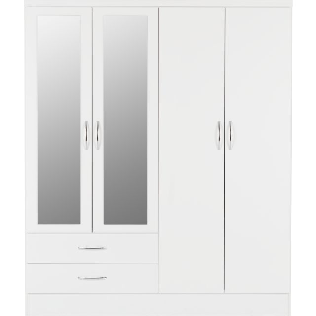 Lisdorat 100-101-088 NEVADA 4 DOOR 2 DRAWER MIRRORED WARDROBE - WHITE GLOSS
