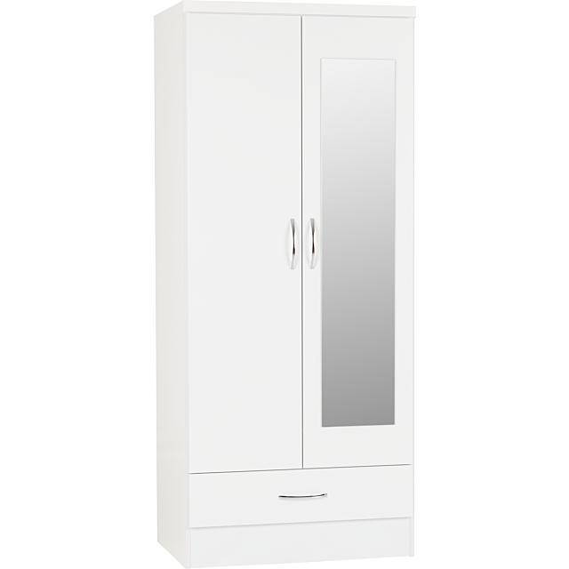 Lisdorat 100-101-091 NEVADA MIRRORED 2 DOOR 1 DRAWER WARDROBE - WHITE GLOSS