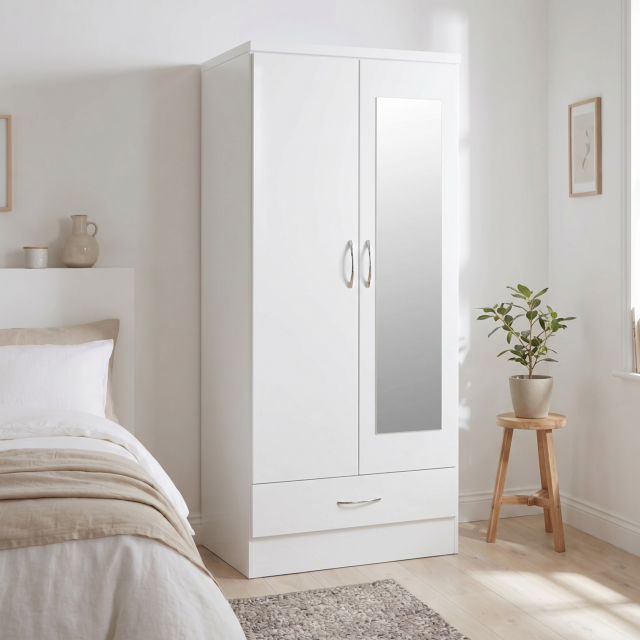 Lisdorat 100-101-091 NEVADA MIRRORED 2 DOOR 1 DRAWER WARDROBE - WHITE GLOSS