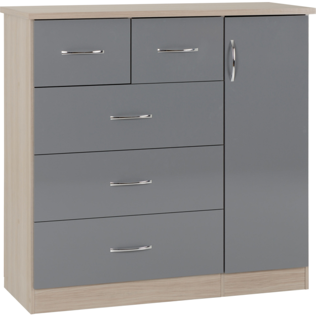 Lisdorat 100-101-103 NEVADA 5 DRAWER LOW WARDROBE - GREY GLOSS/LIGHT OAK EFFECT VENEER