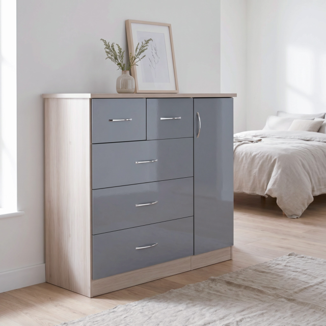 Lisdorat 100-101-103 NEVADA 5 DRAWER LOW WARDROBE - GREY GLOSS/LIGHT OAK EFFECT VENEER