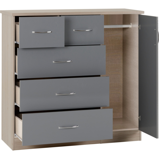 Lisdorat 100-101-103 NEVADA 5 DRAWER LOW WARDROBE - GREY GLOSS/LIGHT OAK EFFECT VENEER