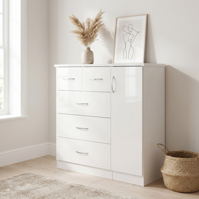 Lisdorat 100-101-105 NEVADA 5 DRAWER LOW WARDROBE - WHITE GLOSS