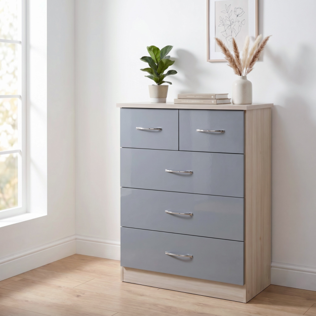 Lisdorat 100-102-089 NEVADA 3+2 DRAWER CHEST - GREY GLOSS/LIGHT OAK EFFECT VENEER