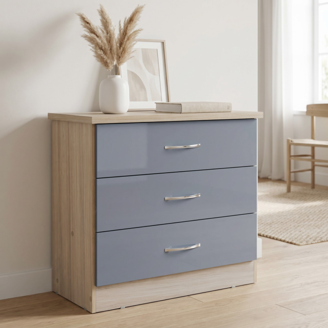 Lisdorat 100-102-091 NEVADA 3 DRAWER CHEST - GREY GLOSS/LIGHT OAK EFFECT VENEER