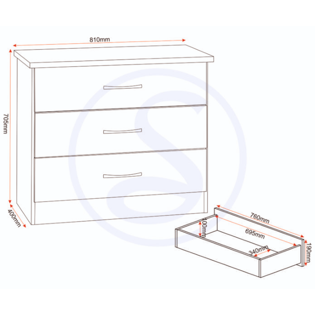 Lisdorat 100-102-091 NEVADA 3 DRAWER CHEST - GREY GLOSS/LIGHT OAK EFFECT VENEER