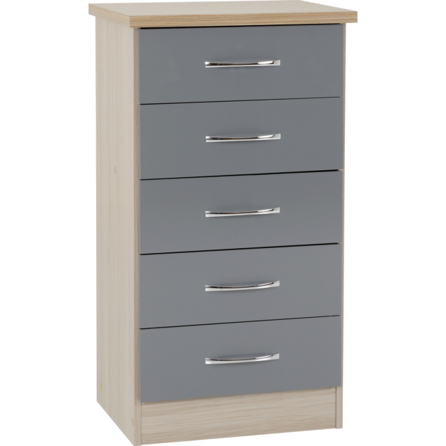 Lisdorat 100-102-093 NEVADA 5 DRAWER NARROW CHEST - GREY GLOSS/LIGHT OAK EFFECT VENEER