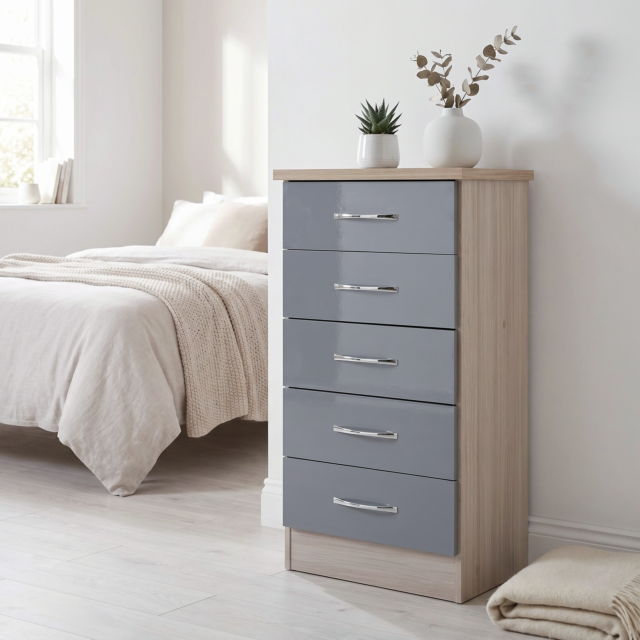 Lisdorat 100-102-093 NEVADA 5 DRAWER NARROW CHEST - GREY GLOSS/LIGHT OAK EFFECT VENEER