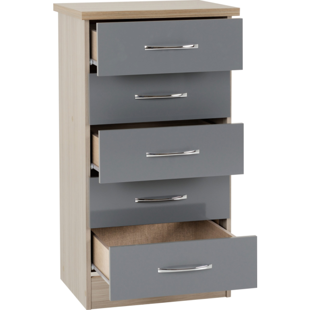 Lisdorat 100-102-093 NEVADA 5 DRAWER NARROW CHEST - GREY GLOSS/LIGHT OAK EFFECT VENEER