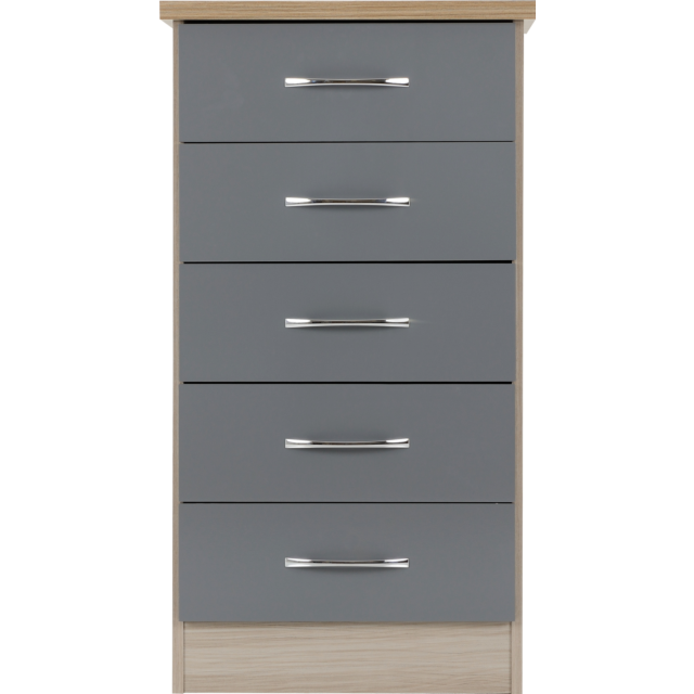 Lisdorat 100-102-093 NEVADA 5 DRAWER NARROW CHEST - GREY GLOSS/LIGHT OAK EFFECT VENEER