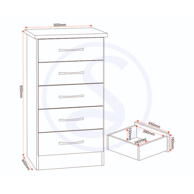 Lisdorat 100-102-093 NEVADA 5 DRAWER NARROW CHEST - GREY GLOSS/LIGHT OAK EFFECT VENEER