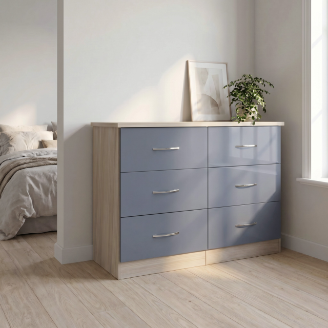 Lisdorat 100-102-103 NEVADA 6 DRAWER CHEST - GREY GLOSS/LIGHT OAK EFFECT VENEER