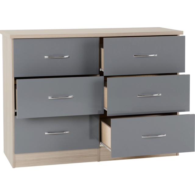 Lisdorat 100-102-103 NEVADA 6 DRAWER CHEST - GREY GLOSS/LIGHT OAK EFFECT VENEER