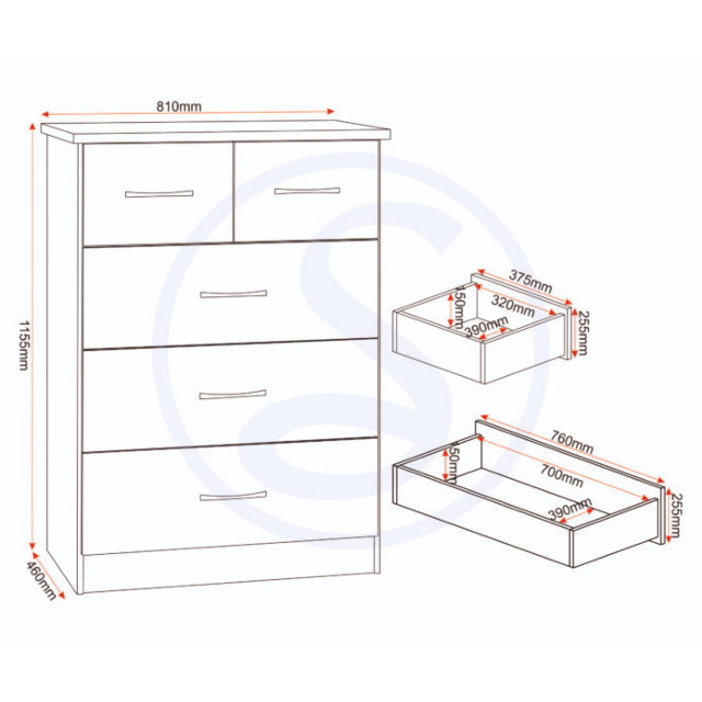 Lisdorat 100-102-106 NEVADA 3+2 DRAWER CHEST - WHITE GLOSS