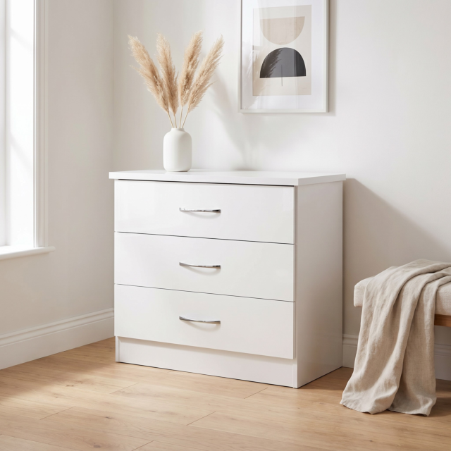 Lisdorat 100-102-107 NEVADA 3 DRAWER CHEST - WHITE GLOSS