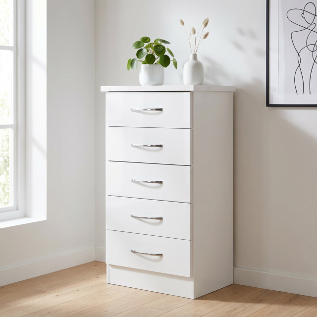 Lisdorat 100-102-108 NEVADA 5 DRAWER NARROW CHEST - WHITE GLOSS