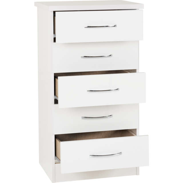 Lisdorat 100-102-108 NEVADA 5 DRAWER NARROW CHEST - WHITE GLOSS