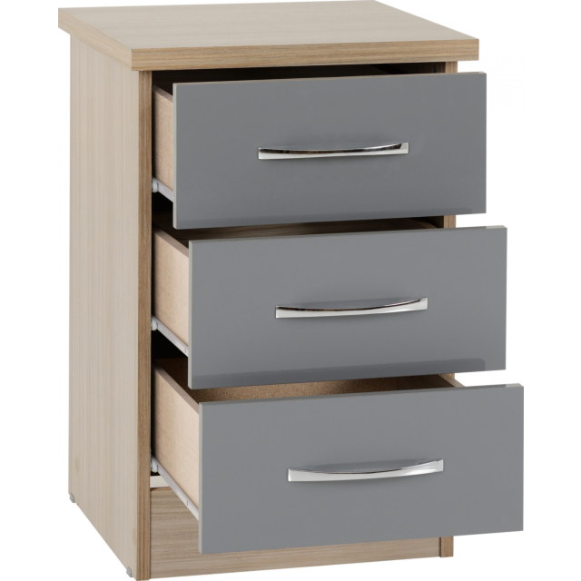 Lisdorat 100-103-051 NEVADA 3 DRAWER BEDSIDE - GREY GLOSS/LIGHT OAK EFFECT VENEER