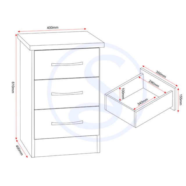 Lisdorat 100-103-051 NEVADA 3 DRAWER BEDSIDE - GREY GLOSS/LIGHT OAK EFFECT VENEER