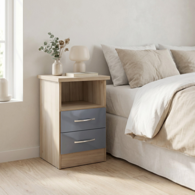 Lisdorat 100-103-053 NEVADA 2 DRAWER BEDSIDE - GREY GLOSS/LIGHT OAK EFFECT VENEER