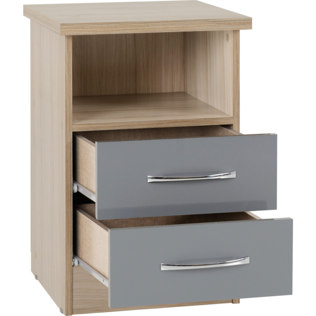 Lisdorat 100-103-053 NEVADA 2 DRAWER BEDSIDE - GREY GLOSS/LIGHT OAK EFFECT VENEER