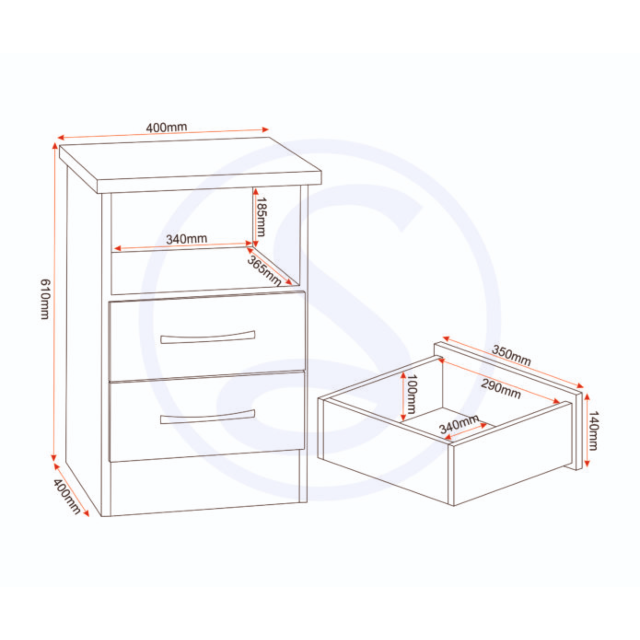 Lisdorat 100-103-053 NEVADA 2 DRAWER BEDSIDE - GREY GLOSS/LIGHT OAK EFFECT VENEER