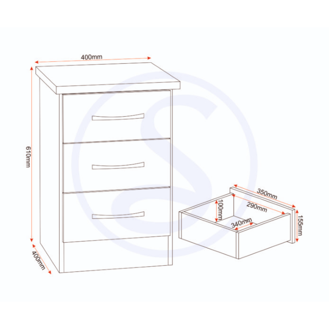 Lisdorat 100-103-059 NEVADA 3 DRAWER BEDSIDE - WHITE GLOSS