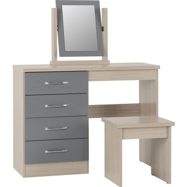 Lisdorat 100-105-016 NEVADA 4 DRAWER DRESSING TABLE SET - GREY GLOSS/LIGHT OAK EFFECT VENEER