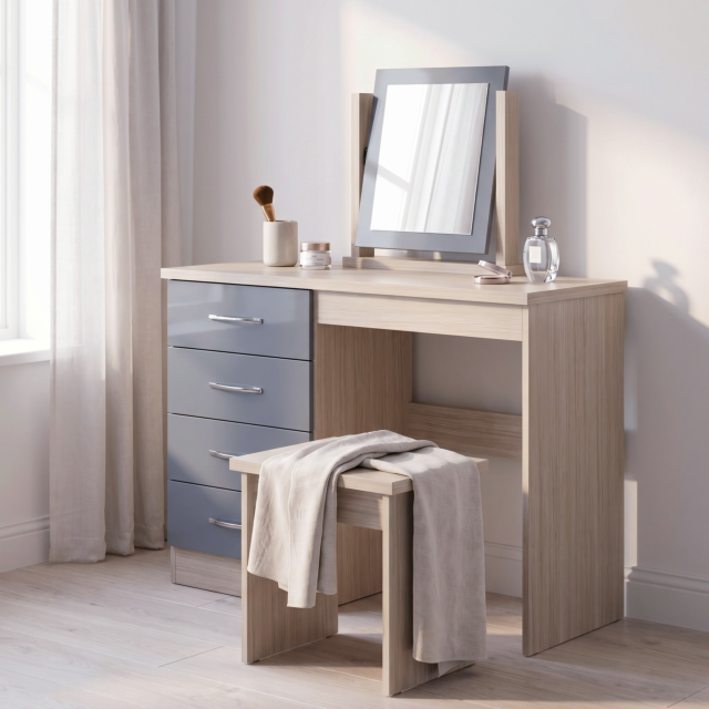 Lisdorat 100-105-016 NEVADA 4 DRAWER DRESSING TABLE SET - GREY GLOSS/LIGHT OAK EFFECT VENEER