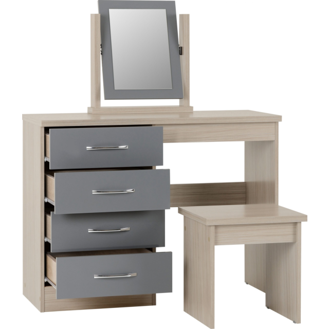 Lisdorat 100-105-016 NEVADA 4 DRAWER DRESSING TABLE SET - GREY GLOSS/LIGHT OAK EFFECT VENEER